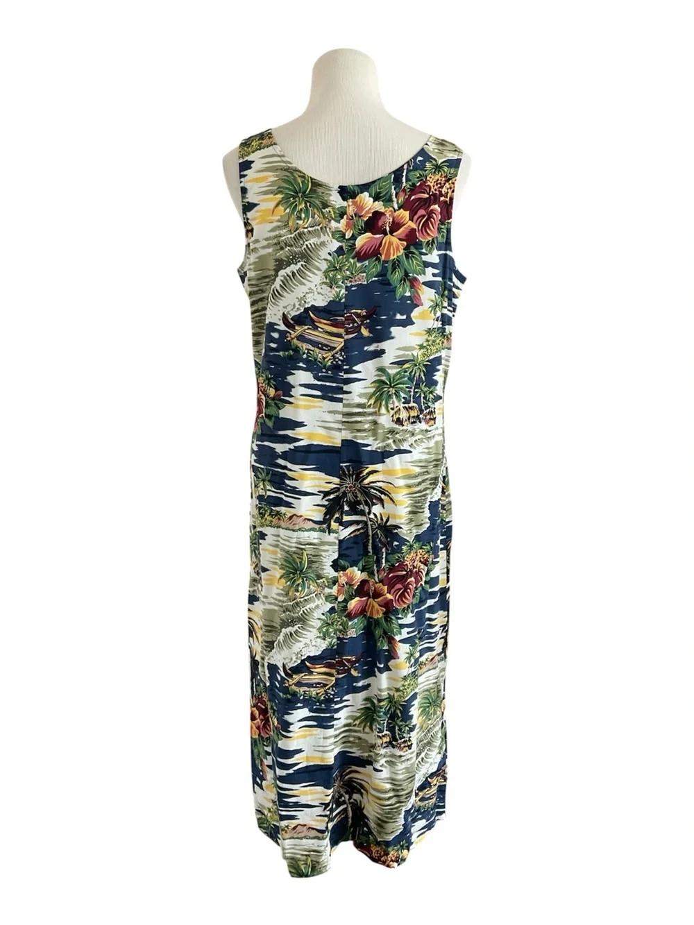 Vintage Hilo Hattie Hawaiian Dress MIDI Tank Scenic Outrigger Floral Blue M - Picture 5 of 6